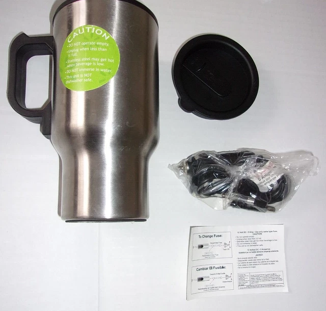 Heated Auto Travel Mug w/ Lid Stainless Steel 12V Power Adaptor 14 oz FREE SHIPN