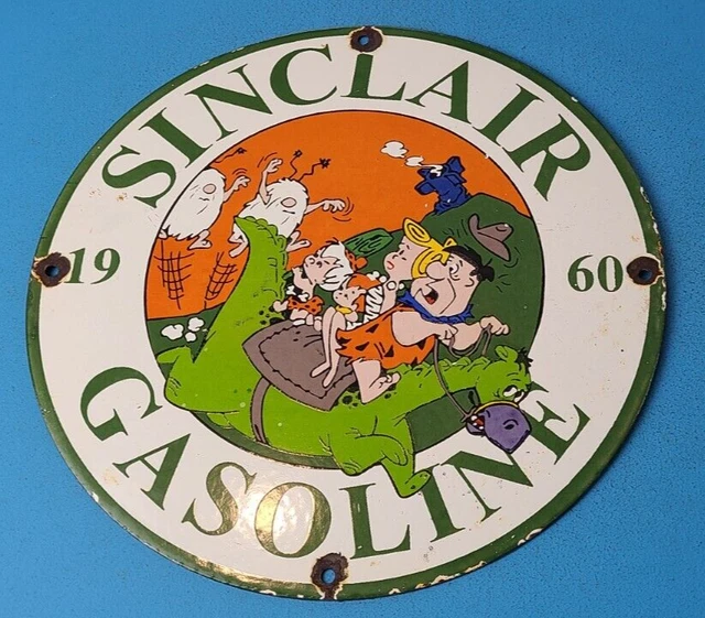 Vintage Sinclair Gasoline Porcelain Flintstones Service Station Pump 12" Sign