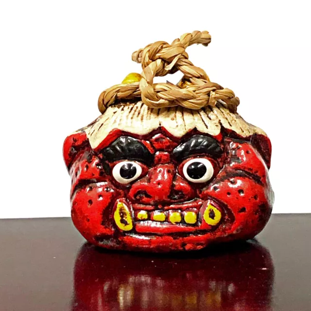 Japanese Clay Bell Oni Demon Devil Head 2 Face Dorei Ceramic Shrine Lucky Charm