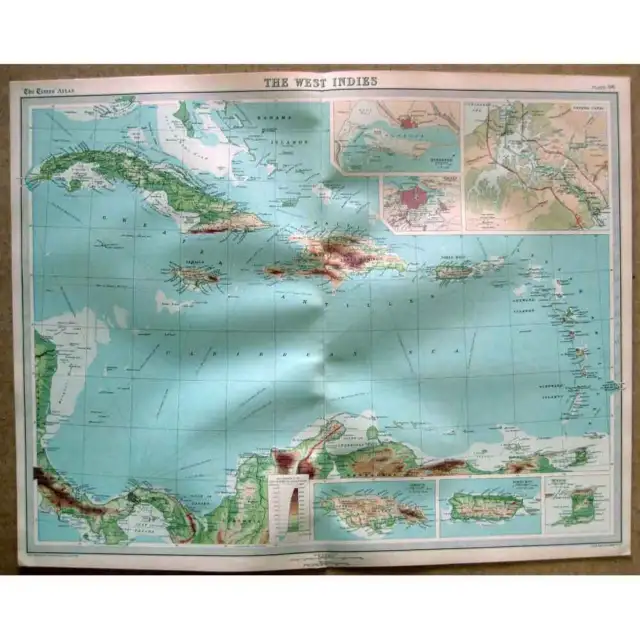 WEST INDIES insets of Panama Canal, Kingston, Havana, Jamaica - Vintage Map 1922