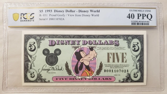 1993 $5 Disney Dollar featuring Goofy, D, PCGS 40 PPQ