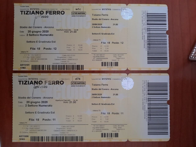 Vendo 2 biglietti per il concerto di Tiziano Ferro ad Ancona. Settore numerato. 