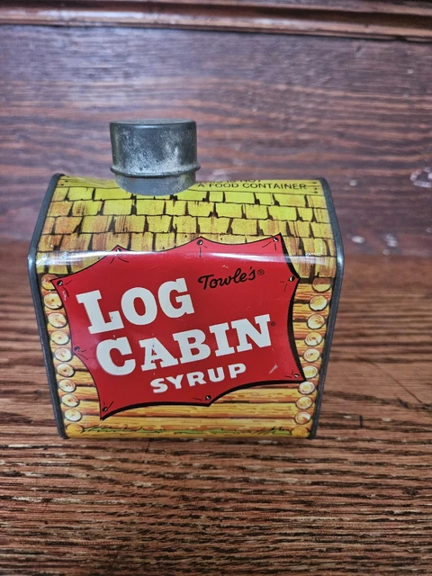 Vintage 1950's Towle's Log Cabin Syrup Tin Litho Bank Mother Daughter Cowboy Son
