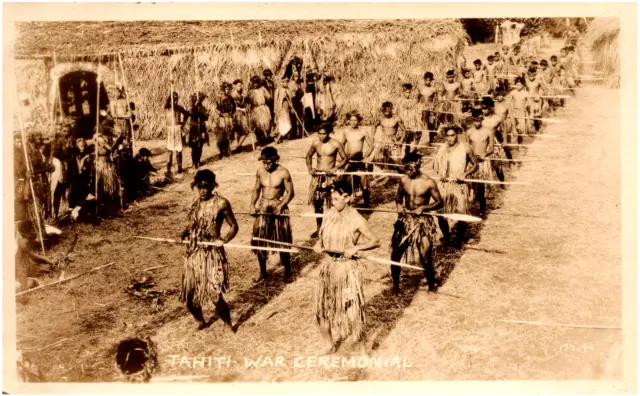 Tahiti War Ceremonial Native Tahitians & Spears French Polynesia 1920s Photo