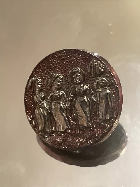 Antique Kate Greenaway Silver Luster Glass Button Four Children 5/8”