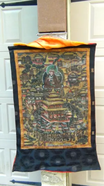 Antique 18C-19C Tibetian  Hand Painted Thanka On Fabric ,Buddhist Temple Scene#2