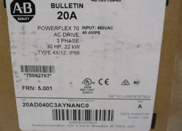 New Allen Bradley 20AD040C3AYNANC0 PowerFlex 70 AC Drive