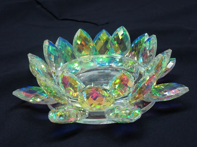 7" Width 1 lb 10 oz Colorful Crystal Glass Growing Lotus Flower CANDLE HOLDER