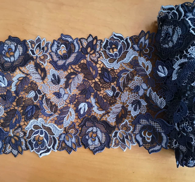 3.5 Yards 7" Wide Rayon Venise Floral Lace Trim Dark Blue with Baby Blue s0311 2