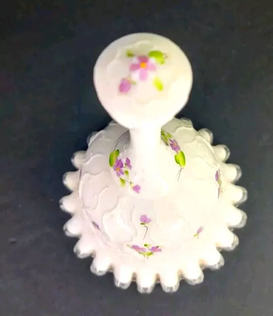 VINTAGE FENTON MILK Glass Bell Spanish Lace Violets In Snow Handpainted ...
