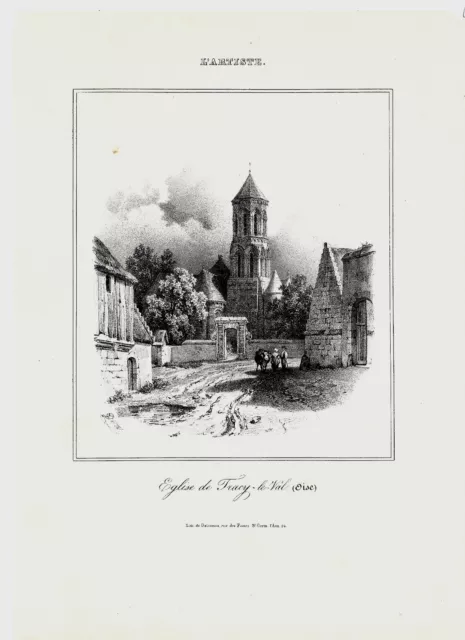 Gravure de léglise de Tracy-le-Val (Oise) lithographie de DELAUNOIS  à Paris