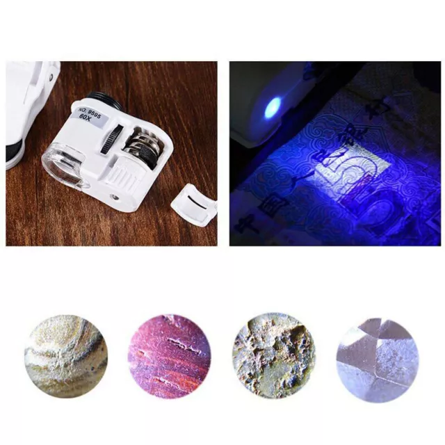 60x Universal Mobile Phone Mini Clip LED UV Lights Microscope Magnifier Loupe
