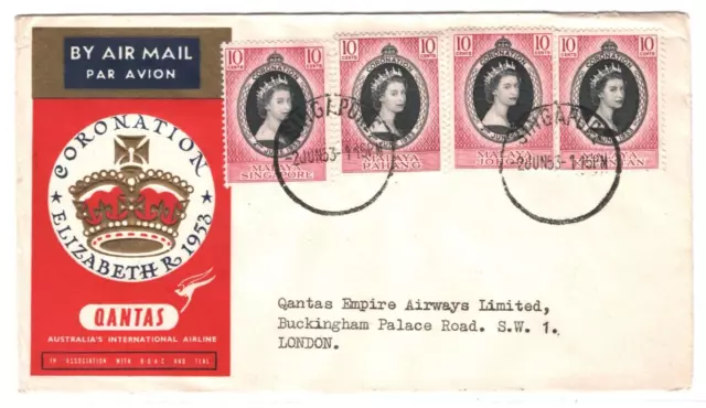 Malaya SINGAPORE Air Mail Cover QANTAS QEII CORONATION FLIGHT London 1953 MA1065