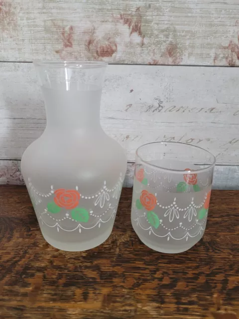 Vintage Hand Painted Glass Bedside Water Carafe & Tumbler Roses Flowers