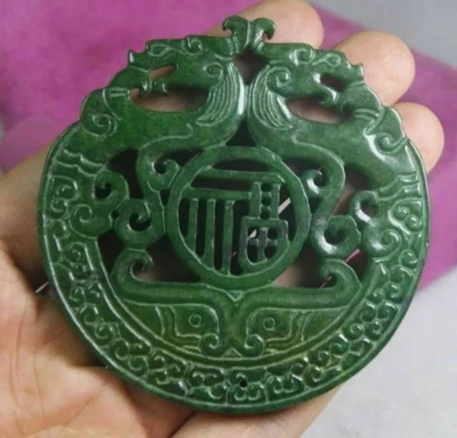 Chinese Handwork Green Jade Carved Dragon Pendan