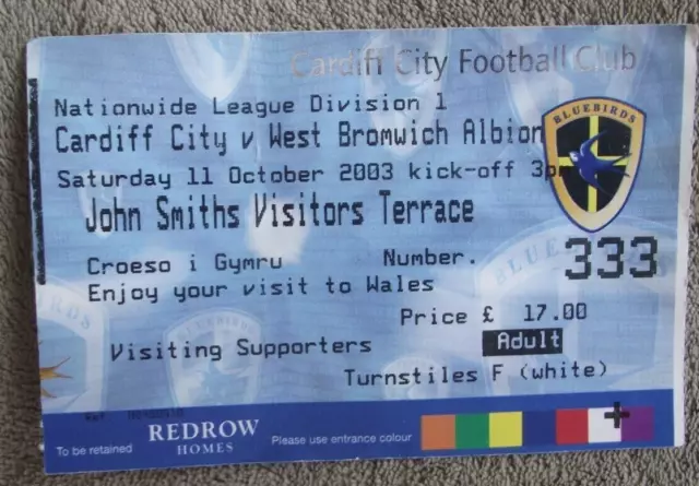 2003-04 Cardiff City v West Bromwich Albion - Division 1 - Ticket Stub