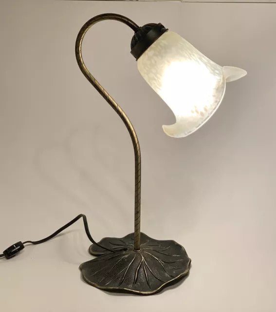 Vintage Frosted Glass Tulip Shade Table Lamp Brushed Brass Lily Pad Base 16”