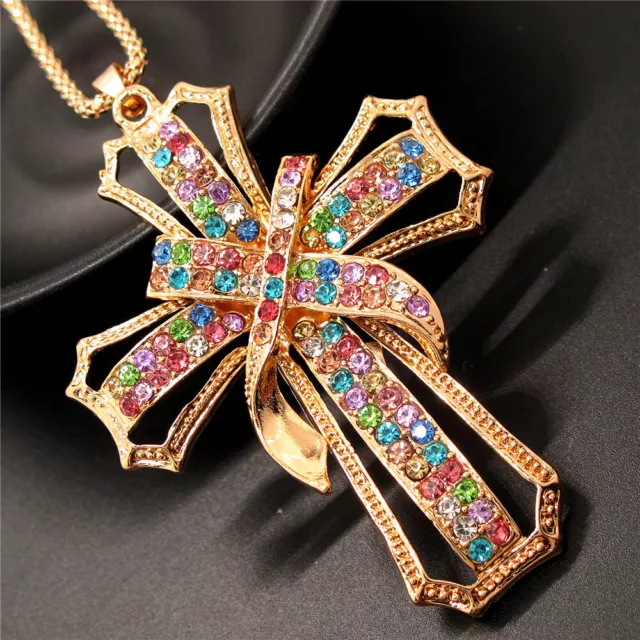 Fashion Women Colored Rhinestone Cross Bling Crystal Pendant Chain Necklace