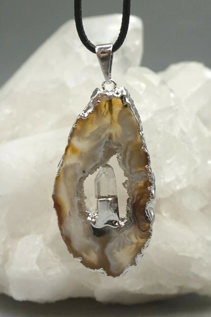 ACHAT GEODE DRUSE großer Anhänger mit BERGKRISTALL galvanisiert mit Öse h1