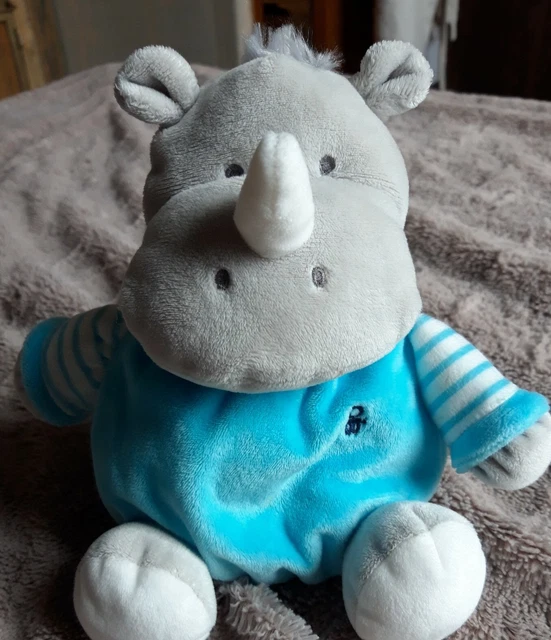 Doudou Boule Hochet Hippopotame Obaïbi Bleu Et Gris Rayures Blanches