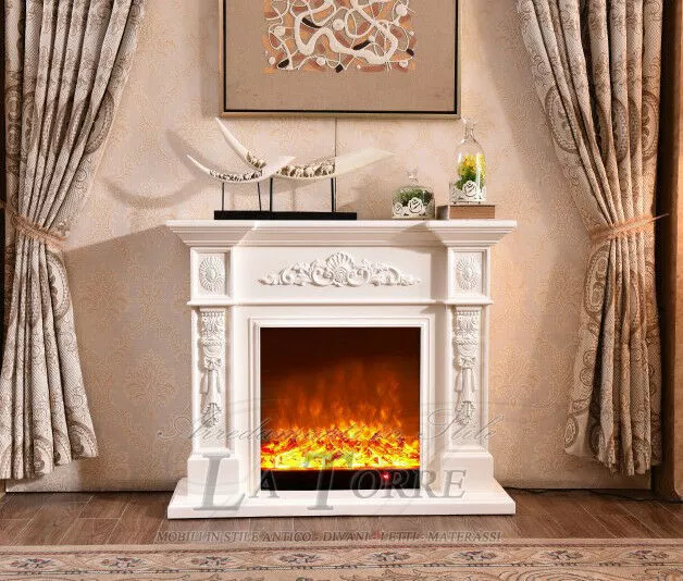 Camino elettrico Kamin fireplace legno massello Barocco Inglese avorio 322