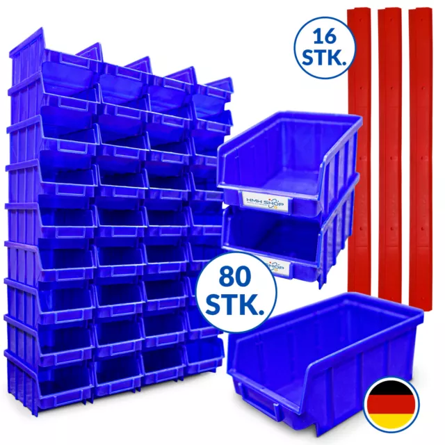 80 blaue Stapelboxen Gr. 2 Lager Blau Sichtlagerkästen Sortierbox Wandmontage