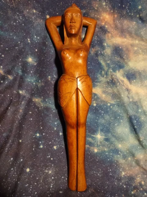 Vintage Hand Carved Wood Lady NUT CRACKER Figurine Tropical Brown Nice Patina