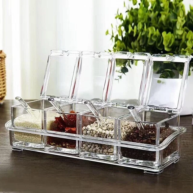 Clear Seasoning Box,4 Spice Jars Condiment Containers with Lids and 4Pcs Spoons