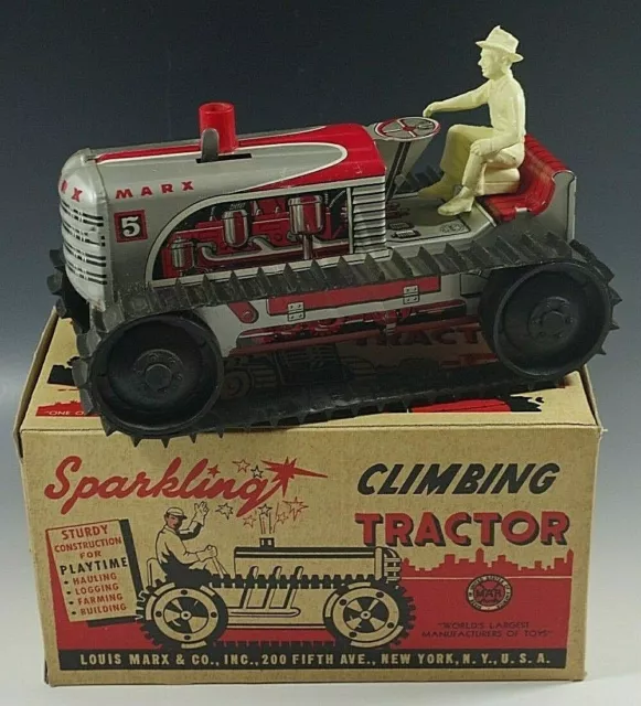 1950's MARX CLIMBING TRACTOR SPARKLING TRACTOR WINDUP TOY MIB #30 RED