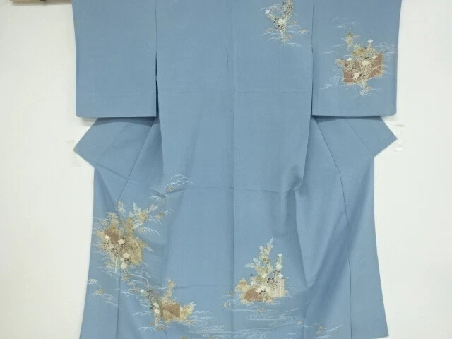 40033# Japanese Kimono / Antique Hitoe Kimono / Stream & Autumn Flowers
