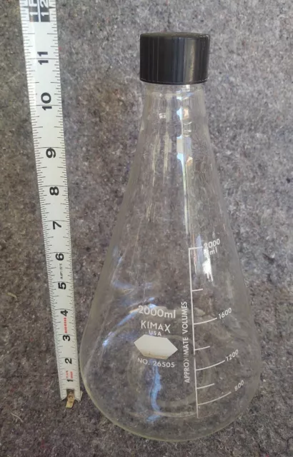 KIMAX Glass 2000mL Graduated Erlenmeyer Culture Flask Beaker w/ Screw Cap #26505