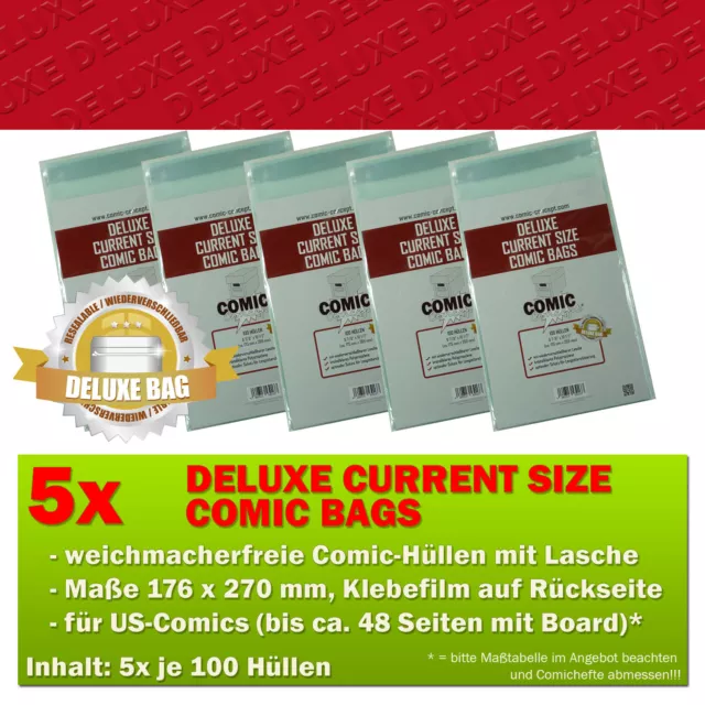 500x Comic Concept Deluxe Current Size Comic Bags Hüllen m. Lasche 176 x 270 mm