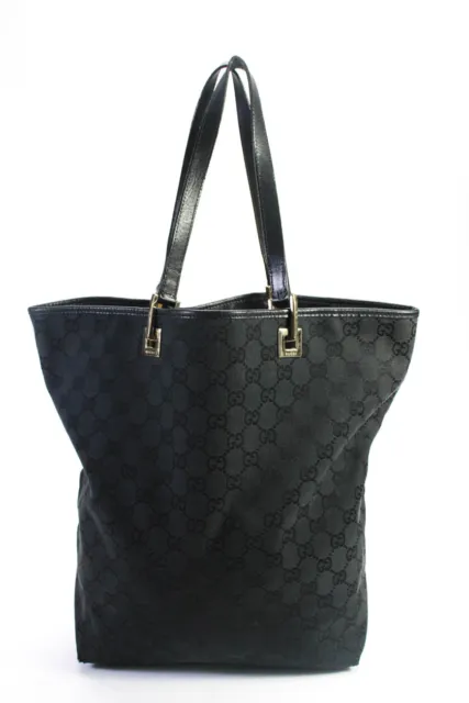 Gucci Womens Double Handle Open Top GG Monogram Canvas Tote Handbag Black