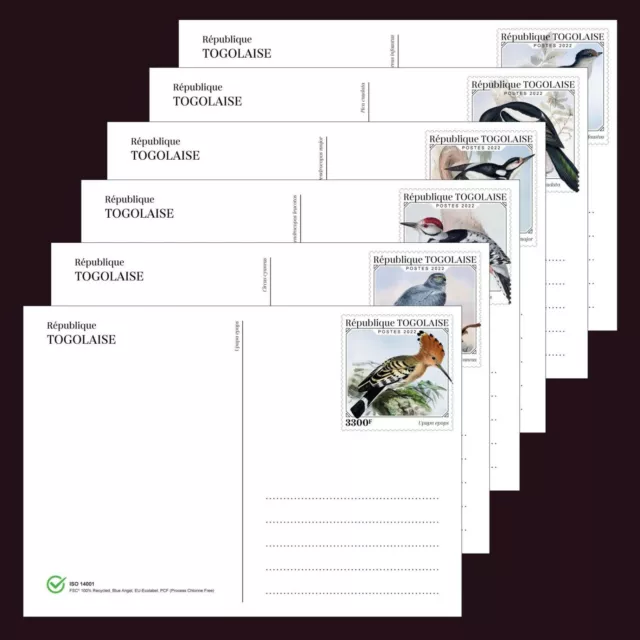 Togo 2022 Stationery Cards MNH European Birds Set of 6 Cards 100% Recycled Paper