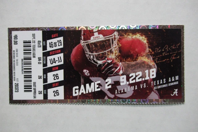 Alabama Crimson Tide Vs Texas A&M 9/22/2018 Full Ticket ~ Anfernee Jennings