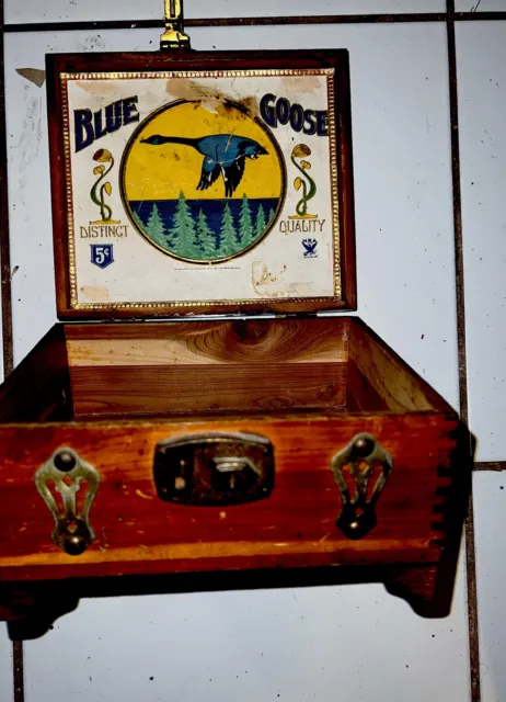 Antique "Blue Goose 5¢"Handmade Wooden Cigar Box-7"x6"x4"