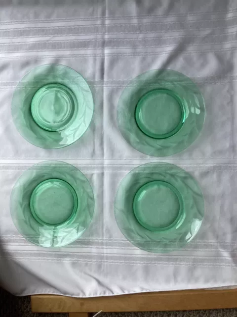 Vtg 4 Green etched Depression Glass lunch plates, 8-5/8" D