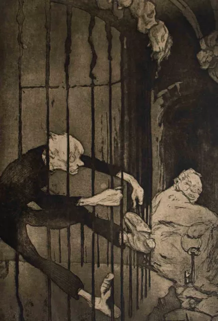 Hermann Fischer Gefangene Gefängnis Karikatur signiert Radierung um 1910