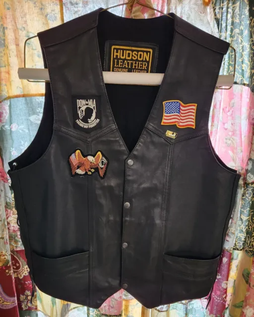 mens size 48 vintage hudson leather motorcycle vest patches pin patriot charter