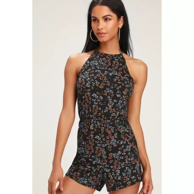 RVCA Romper Halter Tie Monsoon Black Floral Print Halter Romper Womens Medium