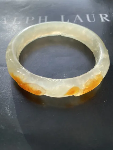 Superb Antique Chinese Hand Carved Translucent White Hetian Jade Bangle