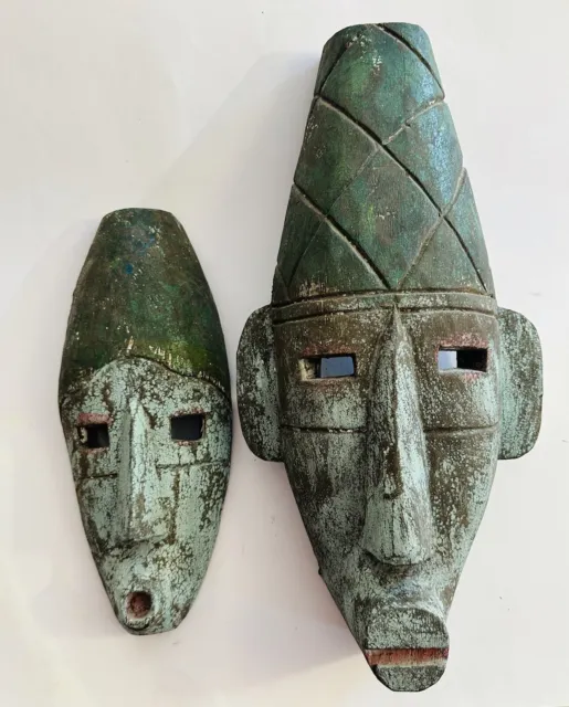 Pair of 2 Vtg Indonesian African Handcrafted Primitive Wooden Masks Tribal  Art