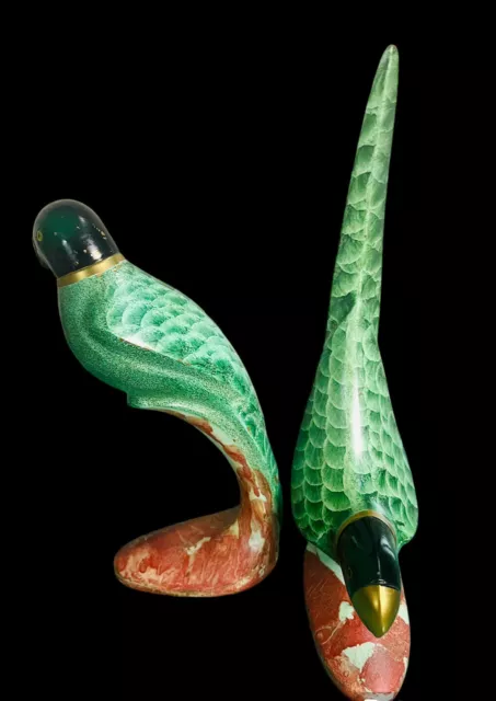2 Vintage Rare Green Enameled Copper Birds Parrots Sculpture Figurine Brass 2