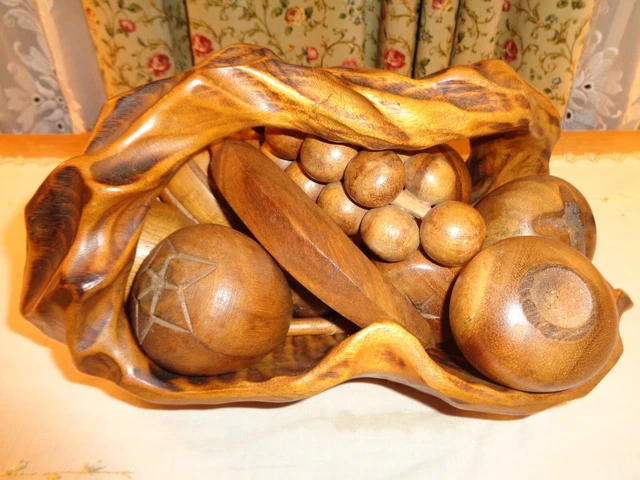 vintage hand carved wooden fruit bowl