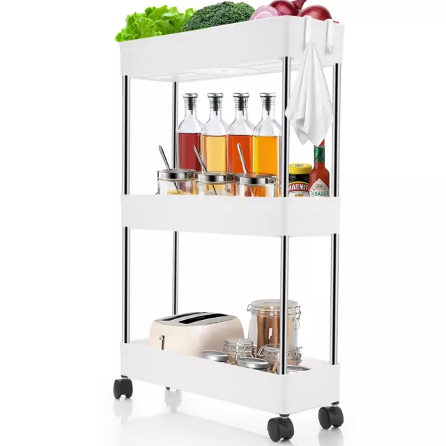 3 Tier Trolley on Wheels Kitchen Storage Cart Slim Bathroom Laundry Storage Qbep