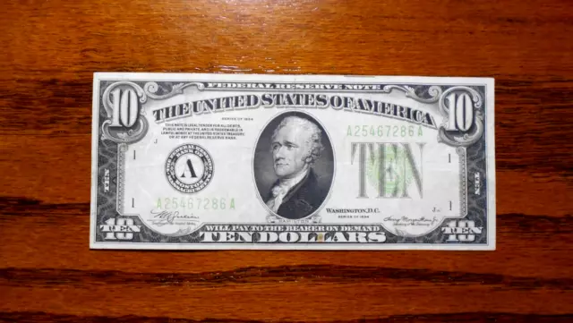 1934 $10 Federal Reserve Note 💲 Light Green ~ Boston