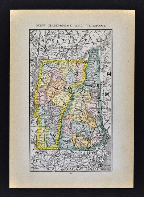 1884 McNally Map Vermont New Hampshire Concord Montpelier Mt. Washington NH VT