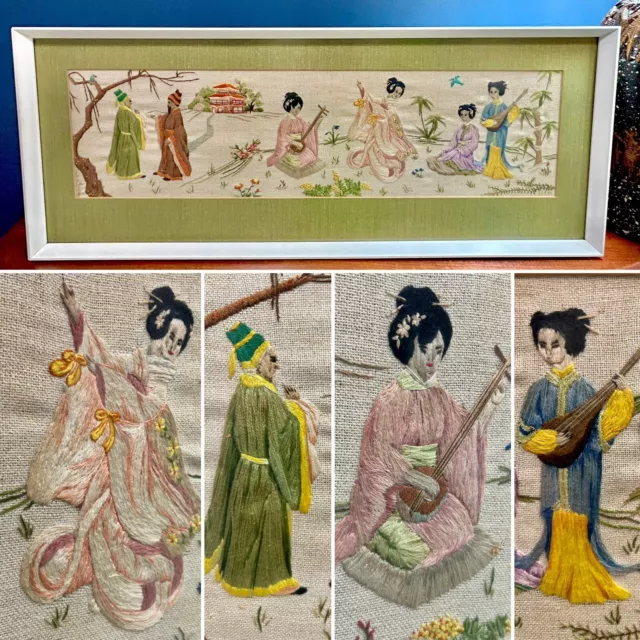 BeautifulDecorative Embroidered Needlework Oriental Ladies Scene Framed Picture