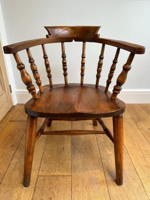 Antique, Windsor Spindle Bow Back Carver Smokers Chair, Captains Oak Arm chair,
