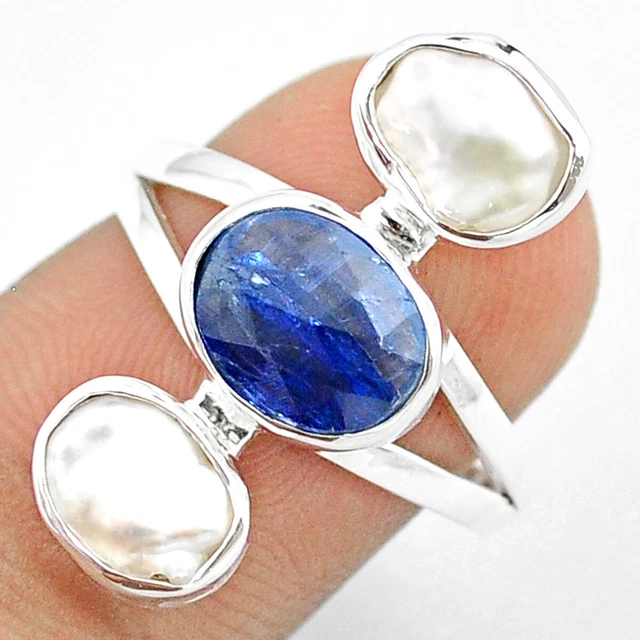 Wholesale Offers 8.68cts Checker Cut Natural Kyanite Pearl Ring Size 8 U26206